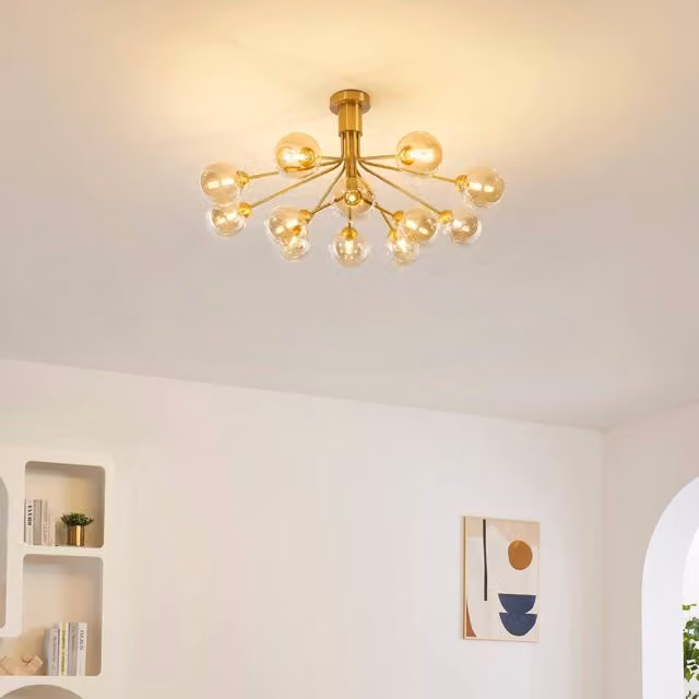 Lámpara de techo colgante KOSILUM Audrey de latón y vidrio con 12 esferas ámbar, diseño moderno para salón, dormitorio o cocina, An/P/Al: 43 x 43 x 82 cm