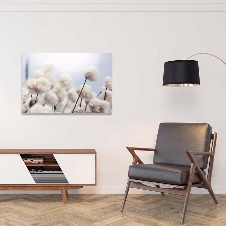 Cuadro de lienzo Hexoa con diseño de flores de algodón al viento en colores beige, verde y blanco, An: 90 cm, Al: 60 cm