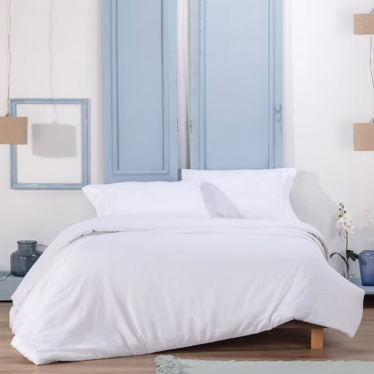 Juego de funda nórdica, sábana bajera y fundas de almohada Manterol de lino y algodón en color blanco para cama de 180x200 cm