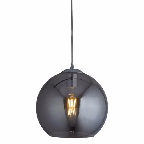 Lámpara colgante Licht-Erlebnisse de diseño retro con pantalla de globo en vidrio gris ahumado y detalles en cromo, altura regulable hasta 120 cm, diámetro: 35 cm