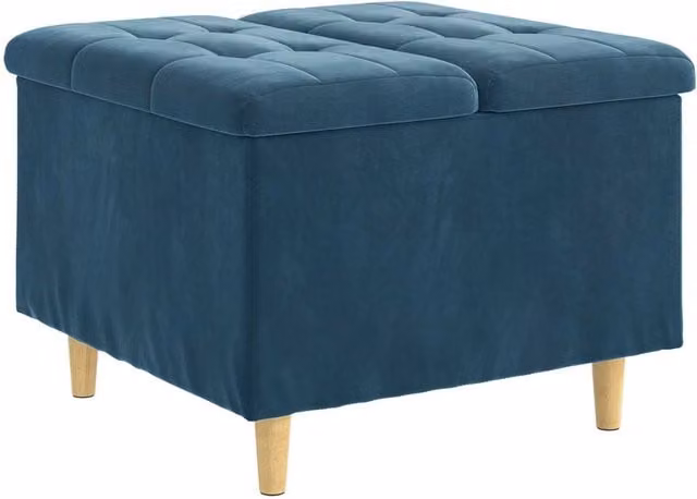 Otomano de almacenamiento SYFAX en terciopelo azul con estructura de madera, An/P/Al: 60 x 60 x 45 cm
