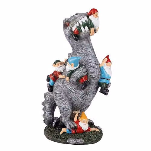 Figura de jardín Relaxdays Dinosaurio Devora Gnomos, Multicolor y Gris, Resina