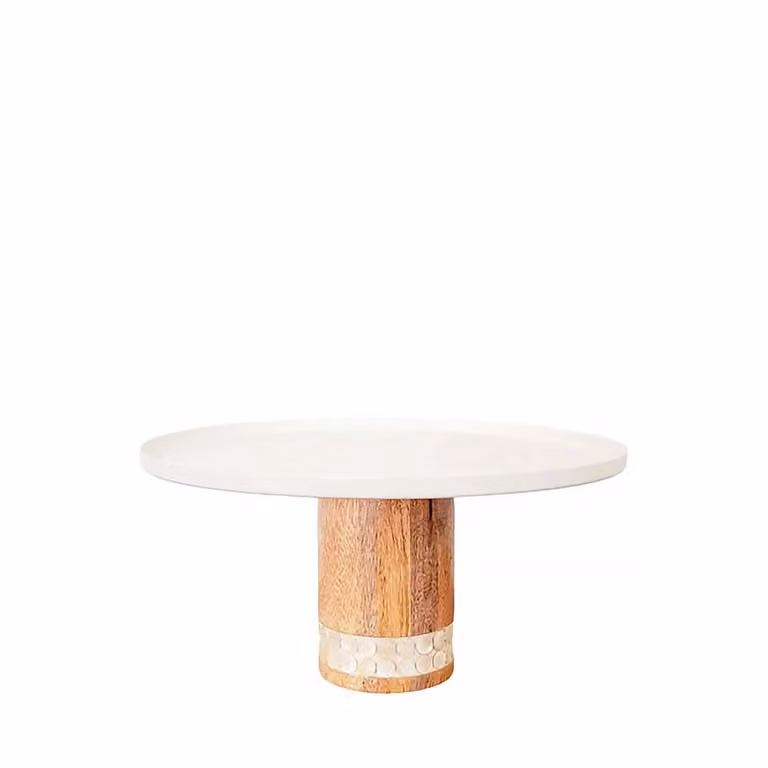 Plato para tarta redondo Aulica en color blanco con pie de madera An/P/Al: 30 x 30 x 15 cm