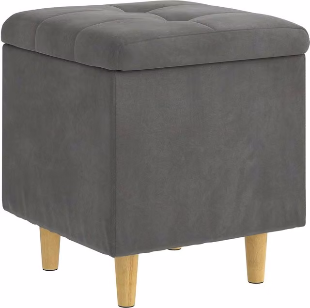 Otomano de almacenamiento SYFAX en terciopelo gris con estructura de madera, An/P/Al: 45 x 45 x 40 cm