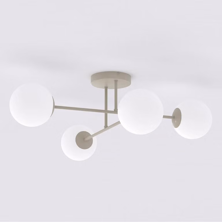 Lámpara de suspensión moderna Kendra Home con esferas de vidrio blanco y estructura de metal beige