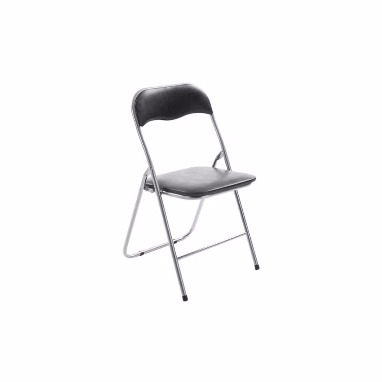 Silla plegable moderna con asiento de simil cuero en color negro y plateado