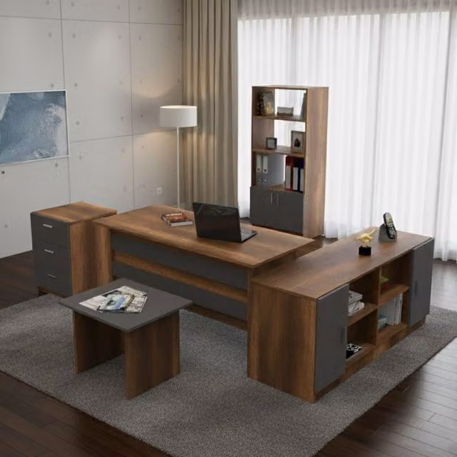 Set de oficina modular DMORA para home office con escritorio, cajonera y estantería en color nogal marrón y antracita