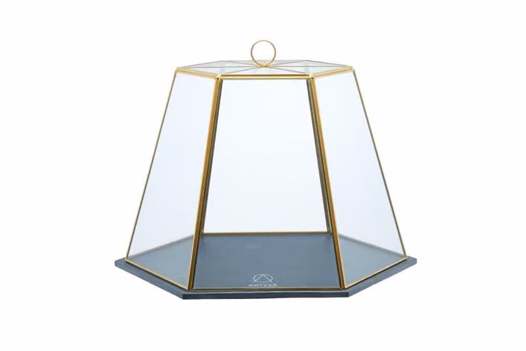 Campana de cristal hexagonal con plato de pizarra Artesà en colores transparente y negro An/P/Al: 27,5 x 25 x 27,5 cm