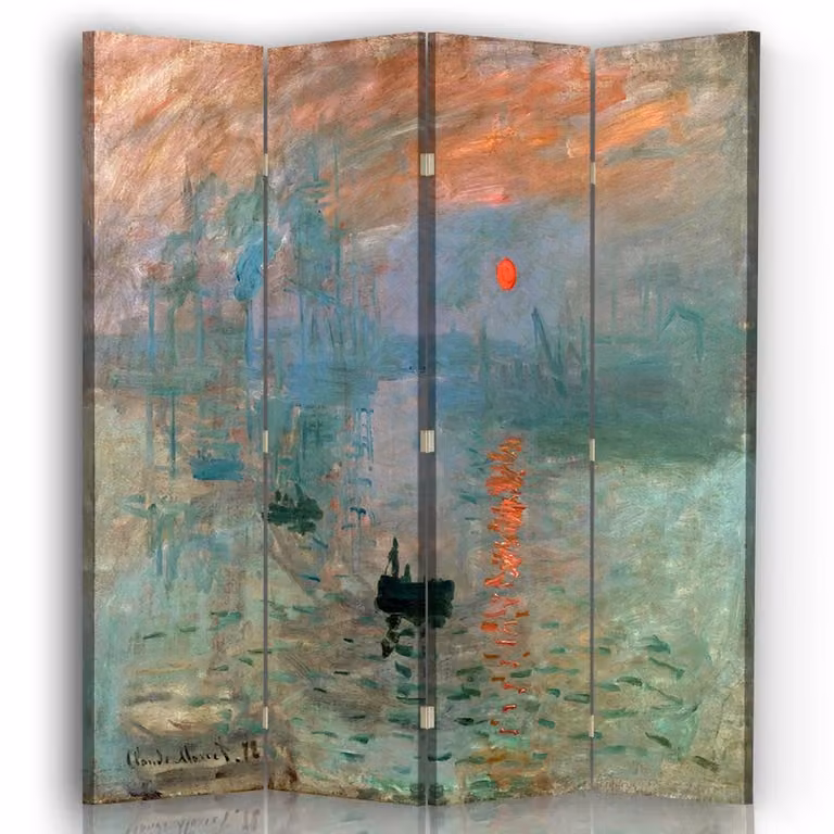 Biombo de 4 paneles Legendarte con impresión de Sol Naciente de Claude Monet, multicolor, An/Al: 170 x 145 cm