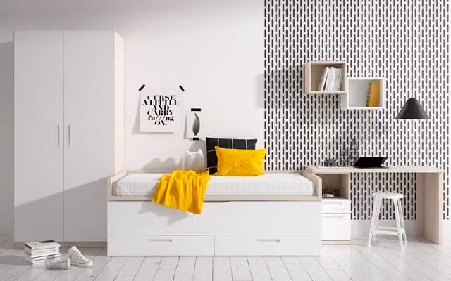 Conjunto de dos camas para dormitorio juvenil Mio de El Corte Inglés en color blanco con dos cajones y estructura de madera de ingeniería