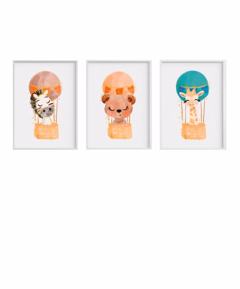 Pack de 3 láminas ilustradas de animales para niños de Crochetts, diseño multicolor con marco de madera blanca, An/P/Al: 43 x 33 cm