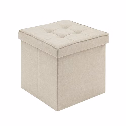 Puff Baúl Plegable Woltu en Color Beige Lino, Taburete de Almacenamiento Cuadrado con Tapa, An/P/Al: 37,5 x 37,5 x 38 cm