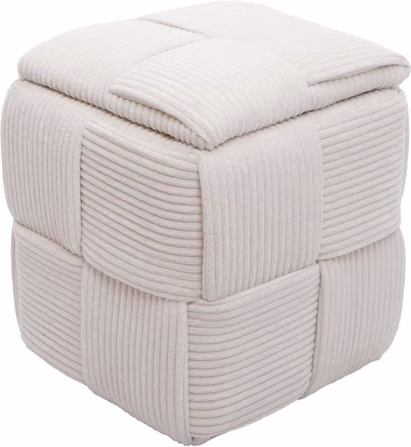 Puf Otomano HHG con Compartimento de Almacenamiento y Tapa, Tapizado en Pana Color Crema, An/P/Al: 43 x 40 x 40 cm