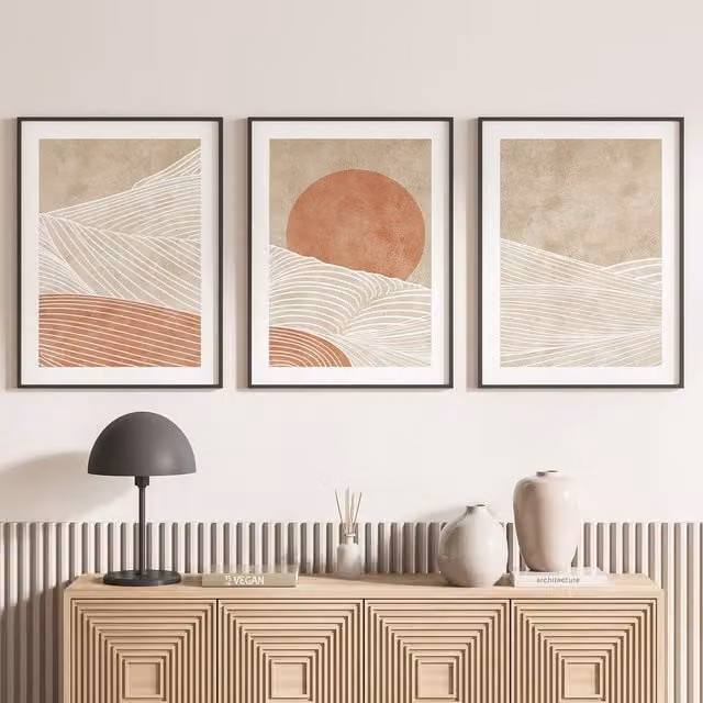 Lote de 3 pósteres tríptico decorativos Lumalea estilo boho abstracto en colores negro, blanco y beige, An/Al: 21 x 29,7 cm