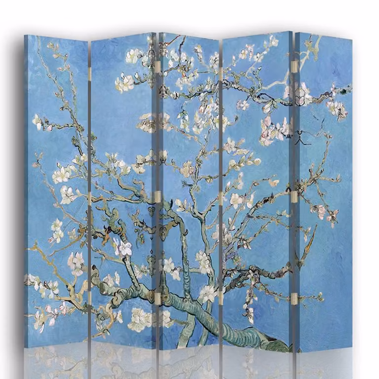 Biombo de 5 paneles Legendarte con diseño Almendro en Flor de Vincent Van Gogh en color azul, An: 180 cm, Al: 170 cm