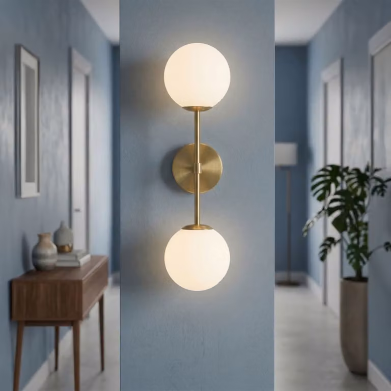 Aplique de pared Mauro Ferretti en metal dorado con 2 bolas de vidrio blanco An/P/Al: 15 x 21 x 55 cm