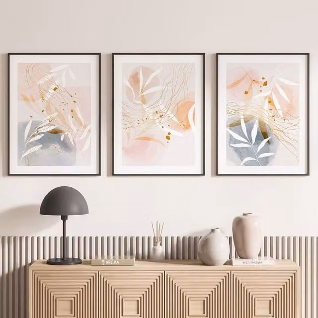Lote de 3 pósteres decorativos de papel Lumalea con diseños abstractos, de ciudad y botánicos en colores blanco, negro y multicolor, An/P: 40 x 50 cm