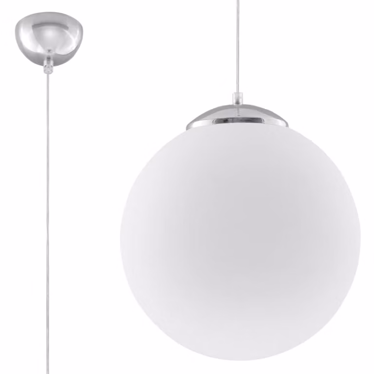Lámpara de techo colgante Sollux UGO 40 en blanco y cromo con detalles de vidrio, Altura: 130 cm