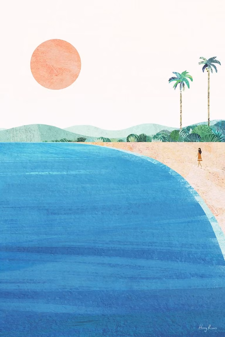 Cuadro de lienzo Hexoa con impresión de paisaje de playa paradisíaca en color azul, An: 60 cm, Al: 90 cm