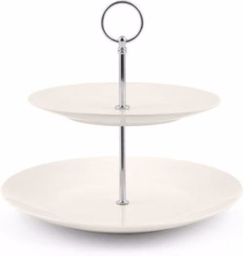 Soporte para tartas de 2 niveles H&H con asa en color blanco y diámetro de 20 cm y 27 cm