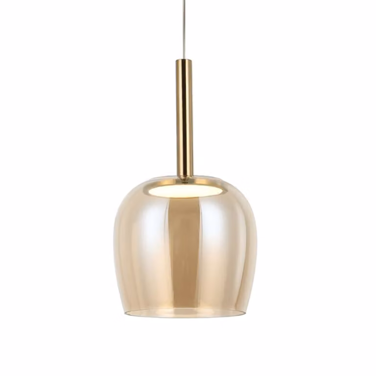 Lámpara colgante KOSILUM Eriska con LED integrado, diseño de campana en color dorado y cristal ámbar para salón, dormitorio o cocina