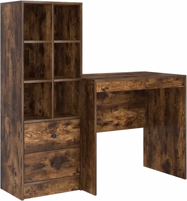 Set de 2 escritorios modernos SYFAX con estante y cajón en acabado roble ahumado marrón, An/P/Al: 127 x 50 x 76,7 cm