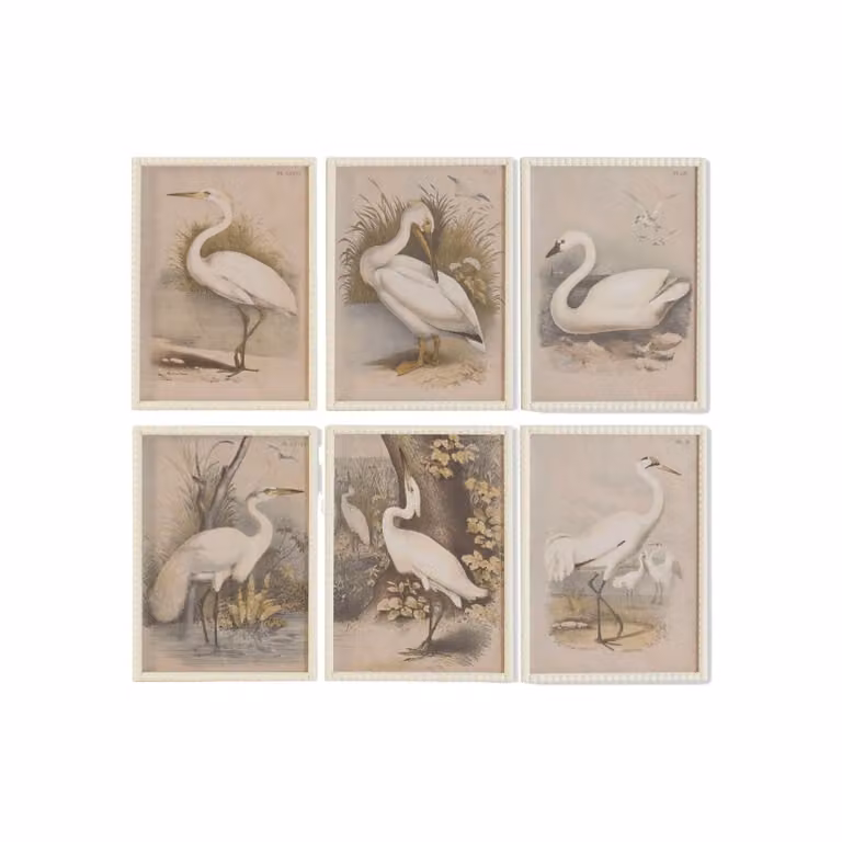 Conjunto de 6 cuadros de NIYLO con motivos de aves y naturaleza en color blanco, estilo escandinavo y diseño abstracto, An/P/Al: 40 x 2 x 55 cm