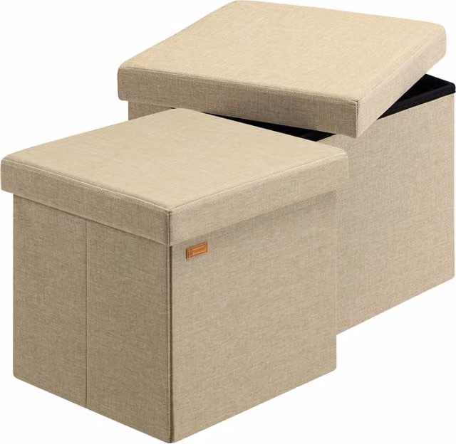 Lote de 2 taburetes plegables Casaria® color beige con estructura de madera y acabado en tela, An/P/Al: 38 x 38 x 38 cm