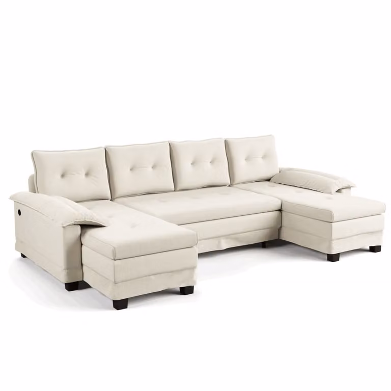 Sofá cama esquinero modular convertible Meubles Cosy de 4 plazas en chenilla beige con diseño escandinavo y carga USB, An/P/Al: 278 x 127 x 87 cm
