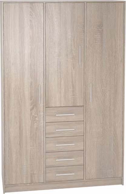Armario Ropero Meka Block con 3 Puertas Abatibles y 5 Cajones en Color Roble, An/P/Al: 130 x 50 x 200 cm