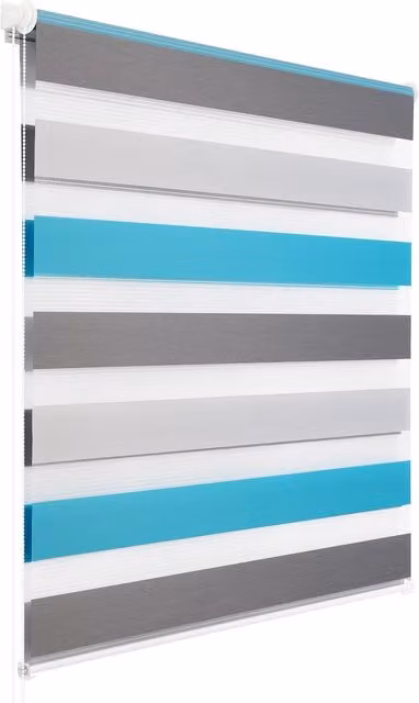 Persiana enrollable doble oscurecedora Woltu para interiores, diseño de rayas con efecto día y noche, sin perforaciones, An/P: 85 x 150 cm, colores blanco, gris y turquesa