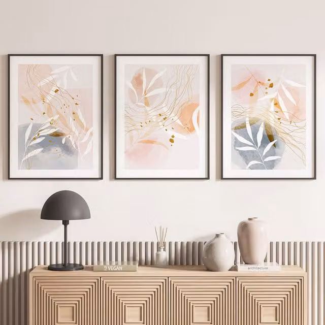 Lote de 3 pósteres decorativos de papel Lumalea con diseños abstractos, de paisajes y botánicos en multicolor, formato rectangular, An/P: 21 x 29,7 cm