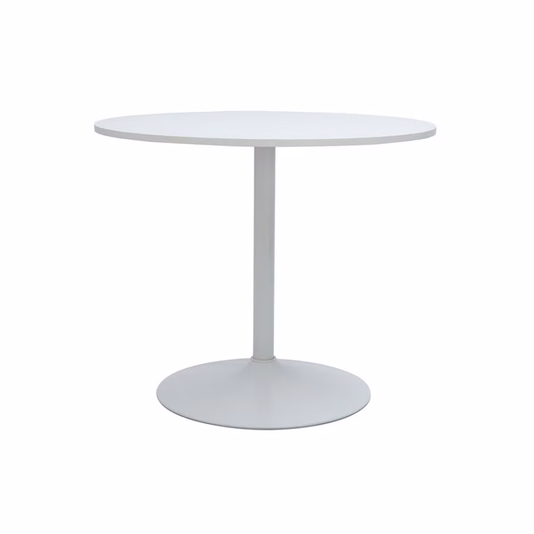 Mesa pequeña redonda moderna MILIBOO en blanco y negro con acabado mate y estructura de madera y metal, Diámetro: 90 cm, Altura: 75,5 cm