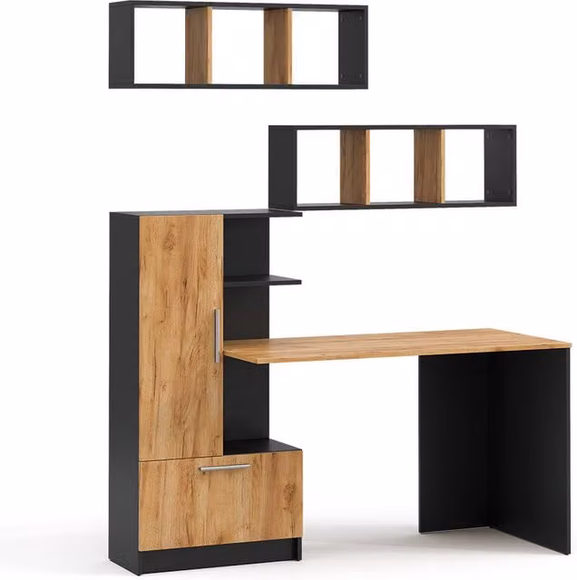 Conjunto de escritorio y estantes Vicco Tomy en antracita y roble dorado, An: 150 cm, P: 59 cm
