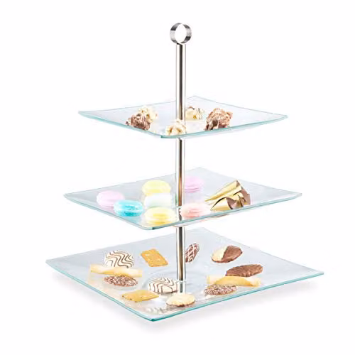 Soporte para tartas de 3 pisos cuadrado de Relaxdays para cupcakes, galletas y fruta, de acrílico y acero inoxidable, An/P/Al: 40 x 30 x 30 cm, transparente y plateado