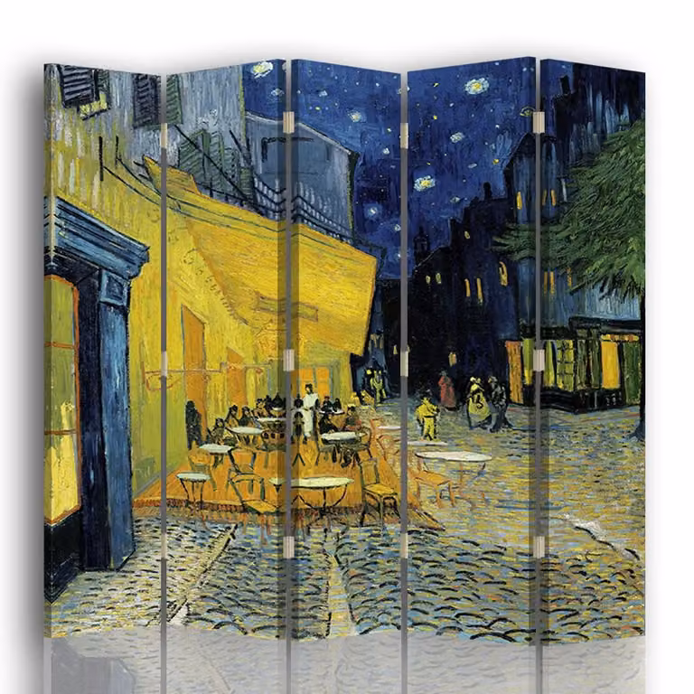 Biombo Legendarte con diseño de Vincent Van Gogh en La Terraza, multicolor y azul, de 5 paneles, An/P/Al: 180 x 170 cm