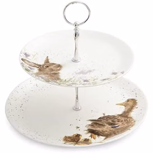 Soporte para tartas de 2 niveles Wrendale Designs de Portmeirion en porcelana blanca con diseño floral multicolor
