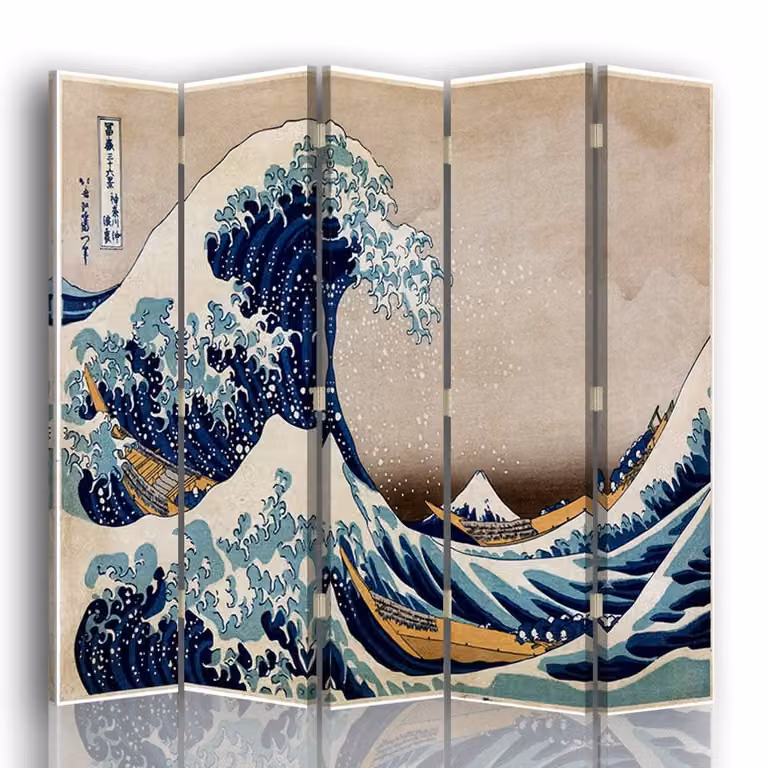 Biombo de 5 paneles con diseño La Gran Ola de Kanagawa de K. Hokusai por Legendarte en color azul, An/Al: 180 x 170 cm
