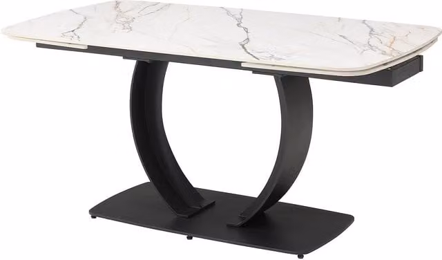 Mesa de comedor extensible Olifia de Maison Céphy en cerámica blanca y metal negro para 6 a 10 personas