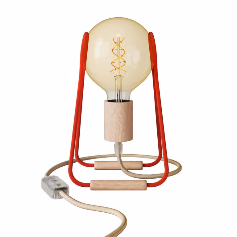 Lámpara de mesa moderna Creative Cables de madera y metal con detalles rojos y cable textil