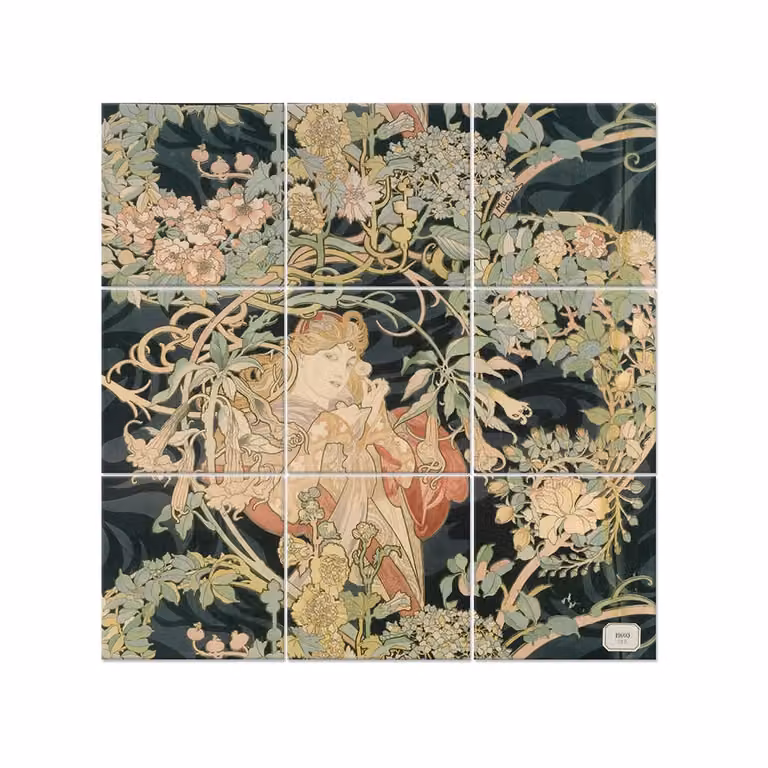 Póster de reproducción artística Femme À La Marguerite de Alphonse Mucha por Legendarte, diseño floral Art Nouveau multicolor, An/An: 150 x 150 cm