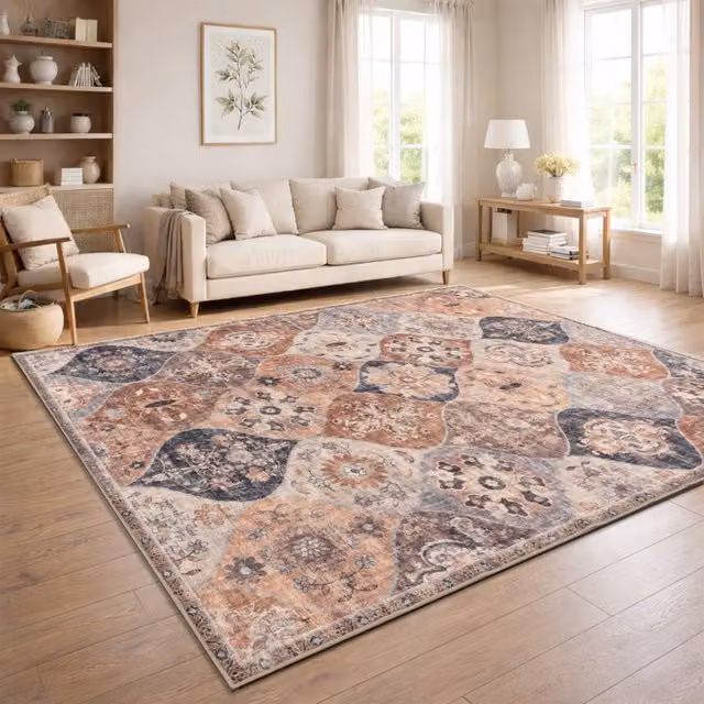Alfombra lavable Sami de estilo oriental y moderno en color beige y turquesa, An/P: 200 x 280 cm