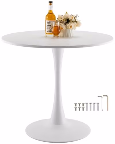 Mesa de comedor redonda VEVOR en madera MDF y metal, diseño moderno con base de pedestal tipo tulipán, color blanco mate, An/P/Al: 80 x 80 x 72,5 cm