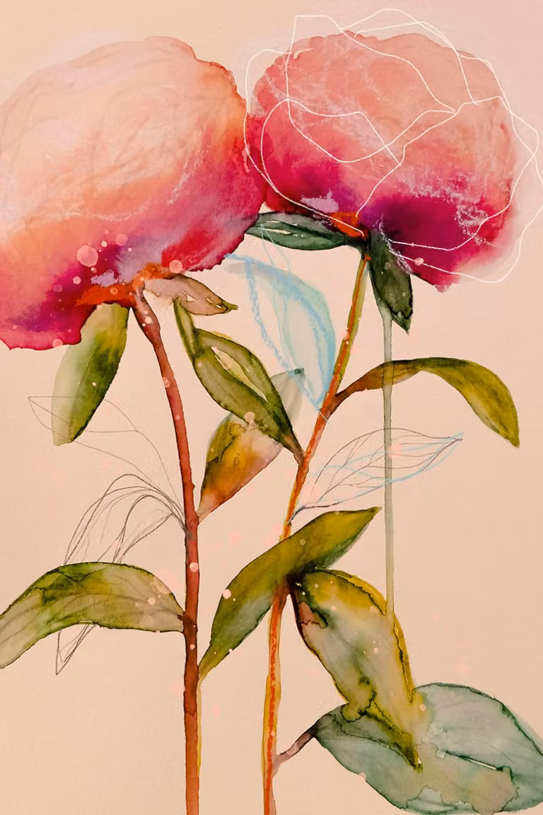 Cuadro floral de peonías y palmas Hexoa, impresión botánica sobre lienzo rosa, An/P/Al: 60 x 90 cm