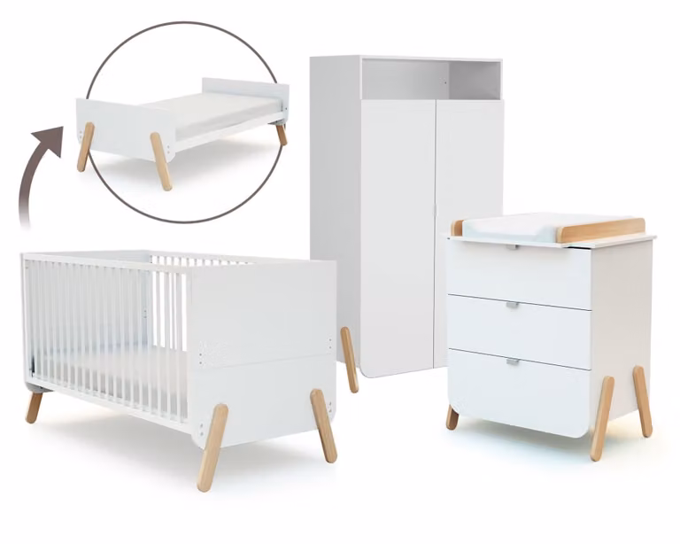 Set de dormitorio para bebé AT4 con cama de madera de 70 x 140 cm, armario y cómoda en color blanco y haya con diseño moderno