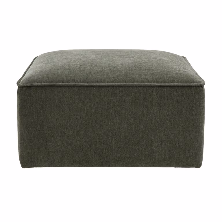 Puff Miliboo de tela efecto terciopelo en color verde y beige con diseño moderno de cubo para tu salón
